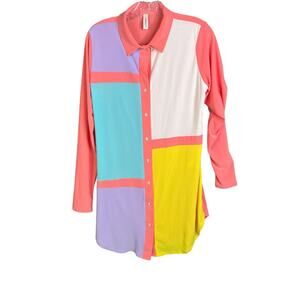 Laqueen USA Color Block Top Button Front Long Sleeve Large